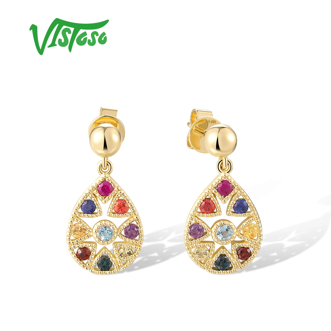 

VISTOSO Real 14K 585 Yellow Gold Earrings For Women Sparkling Colorful Gems Dangling Round Exquisite Party Gifts Fine Jewelry