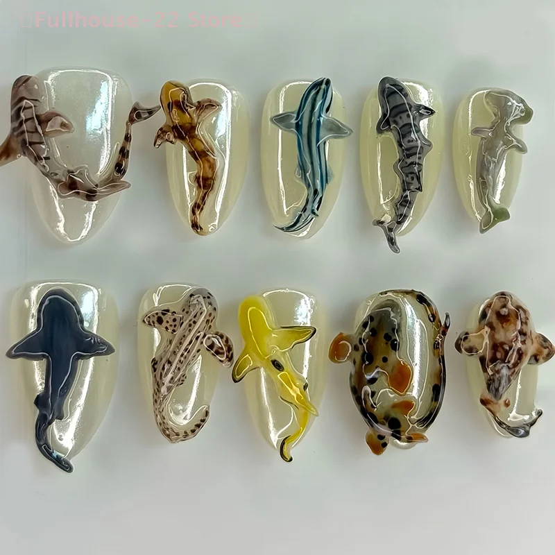 

【MAX-22】10Pcs Deep Sea Shark Press On Nails Handmade Ocean-Inspired Almond Nail With 3D Octopus Shell Decor Design Fake Nails