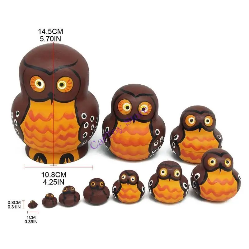 634F 10pcs Cartoon Big Belly Brown Owl Wooden Russia Nesting Dolls Matryoshka