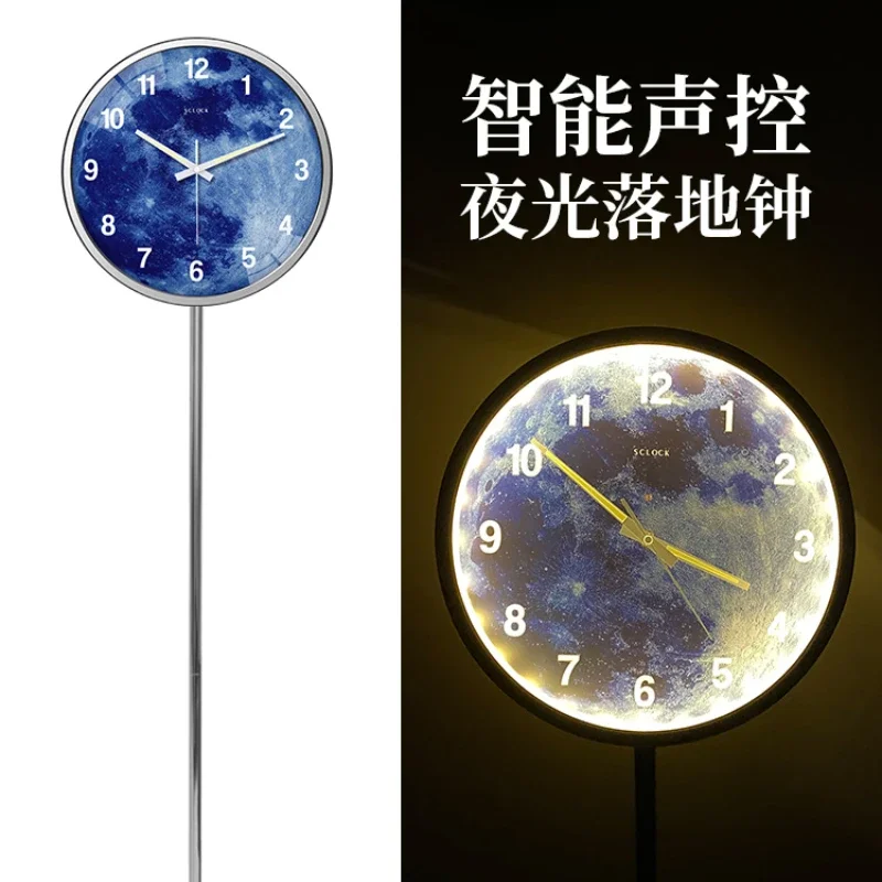 Voice-activated luminous intelligent floor clock, silent standing clock in living room, metal desk clock, starry sky, non-punchi