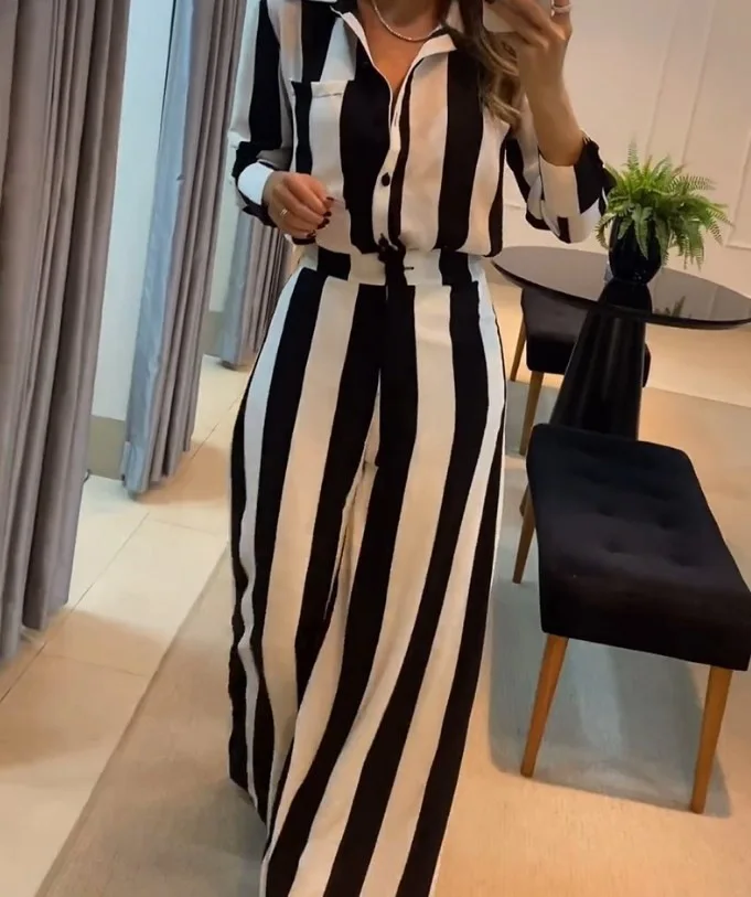 Fashion Striped Print Commuter Suit For Women Elegant Lapel Single Breasted Shirt Straight Trousers 2 Piece Set 2024 Autumn New
