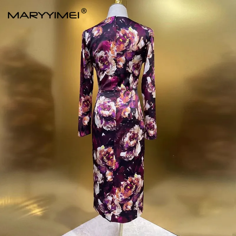 MARYYIMEI Fashion Women\'s 2024 Spring New Silk Round Neck Long-Sleeved Vintage Printed Wine Red Hip Wrap Split Pencil Dress