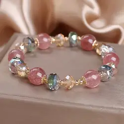 Fashionable Natural Strawberry Crystal Bracelets Light Luxury Pink String Beaded Elastic Bangles Girlfriend Party Jewelry Gift