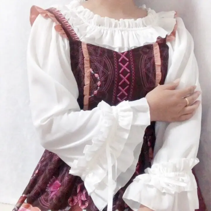 

NONSAR Japanese Style Harajuku Gothic Lolita Shirts Girly Cute Ruffles Long Sleeve Top Elegant Women Sweet Solid Chiffon Blouses