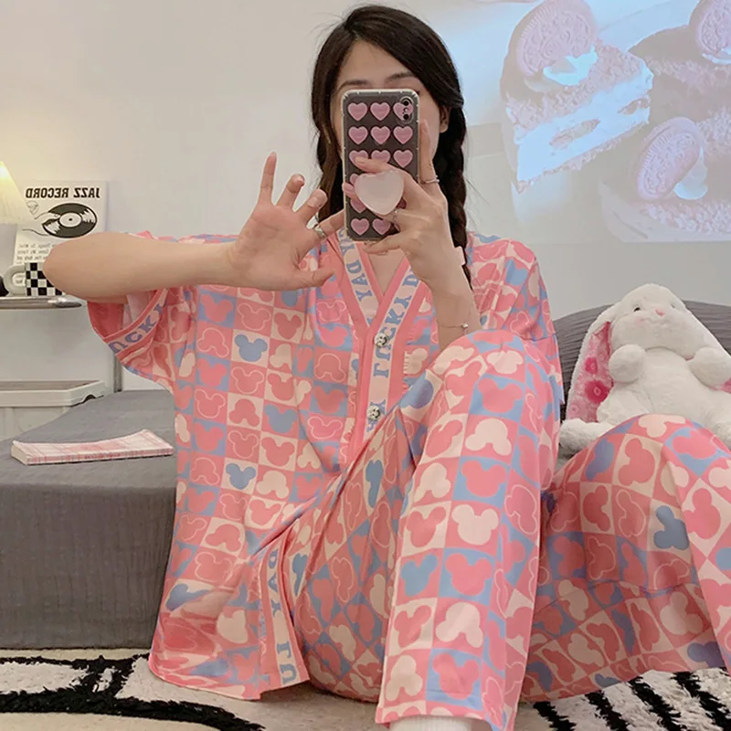 Ice Silk Sweet Pink Pajamas Women Thin Summer Short-sleeved Long Pants Pajamas Homewear Two-piece Silk Pajamas for Women Kawaii