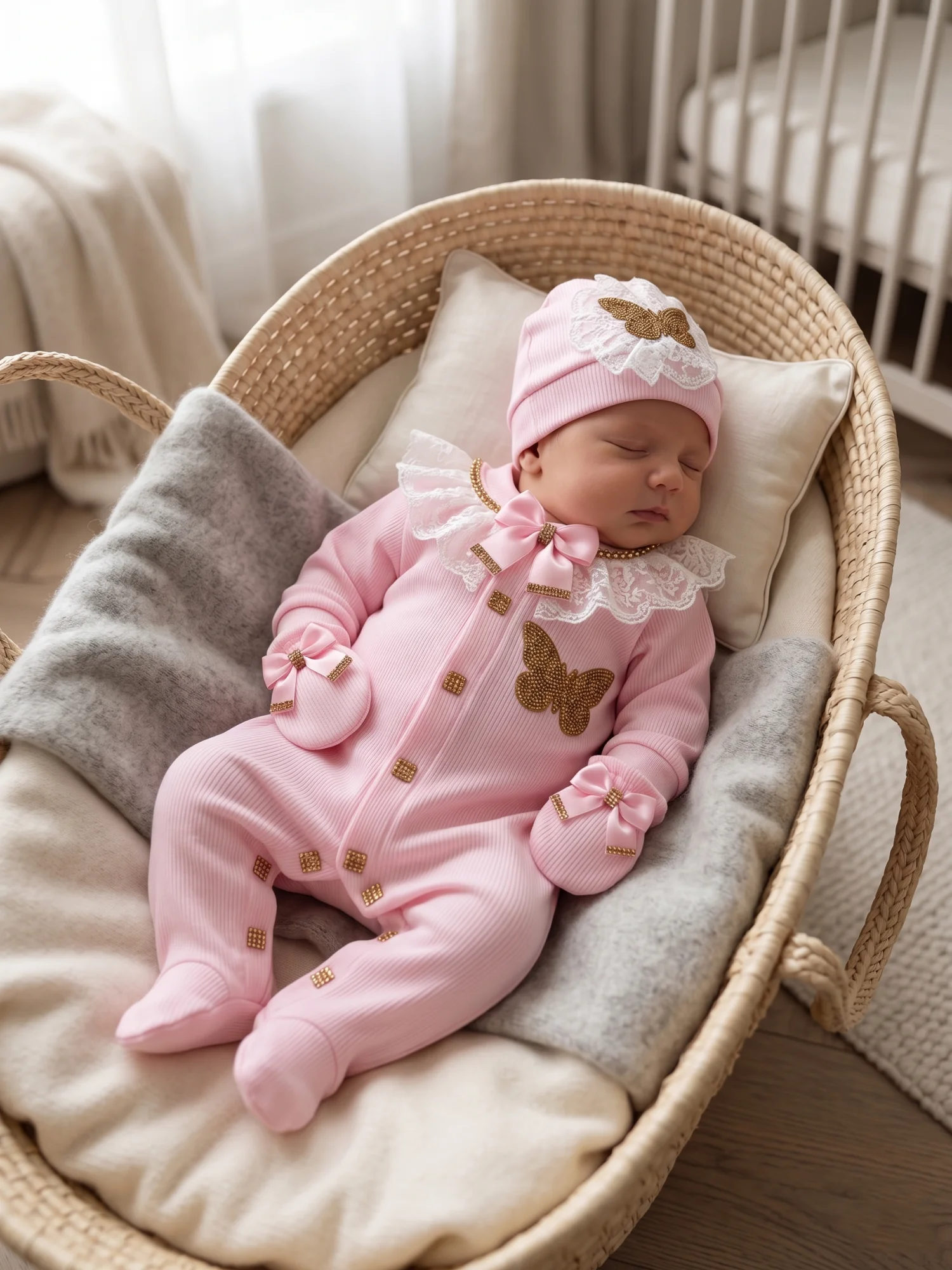 Dusty Pink Rhinestone Butterfly Footed Baby Romper 3Pcs Elegant Lace Bow Infant Girl Photoshoot Coming Home Clothes