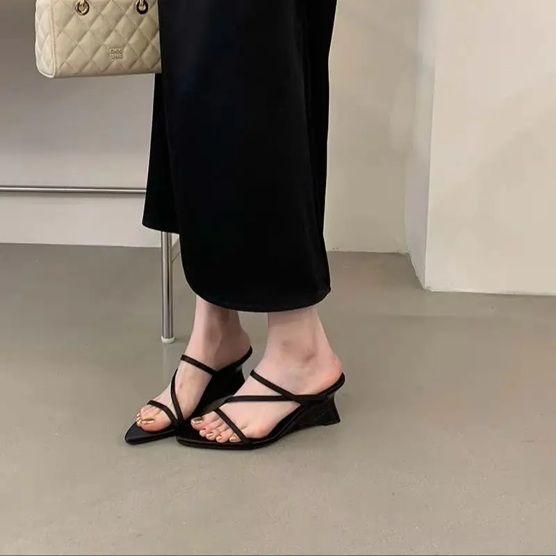Yellow Heels Slippers Wedges Ladies Sandals Summer Narrowband Chunky Heels Pointy Shoes Woman Black Slippers