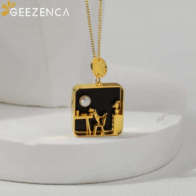 GEEZENCA 925 Sterling Silver Green Black Glass Square Pearl Cat Life Necklace Pendants Without Chain Women 2024 New Party Gift