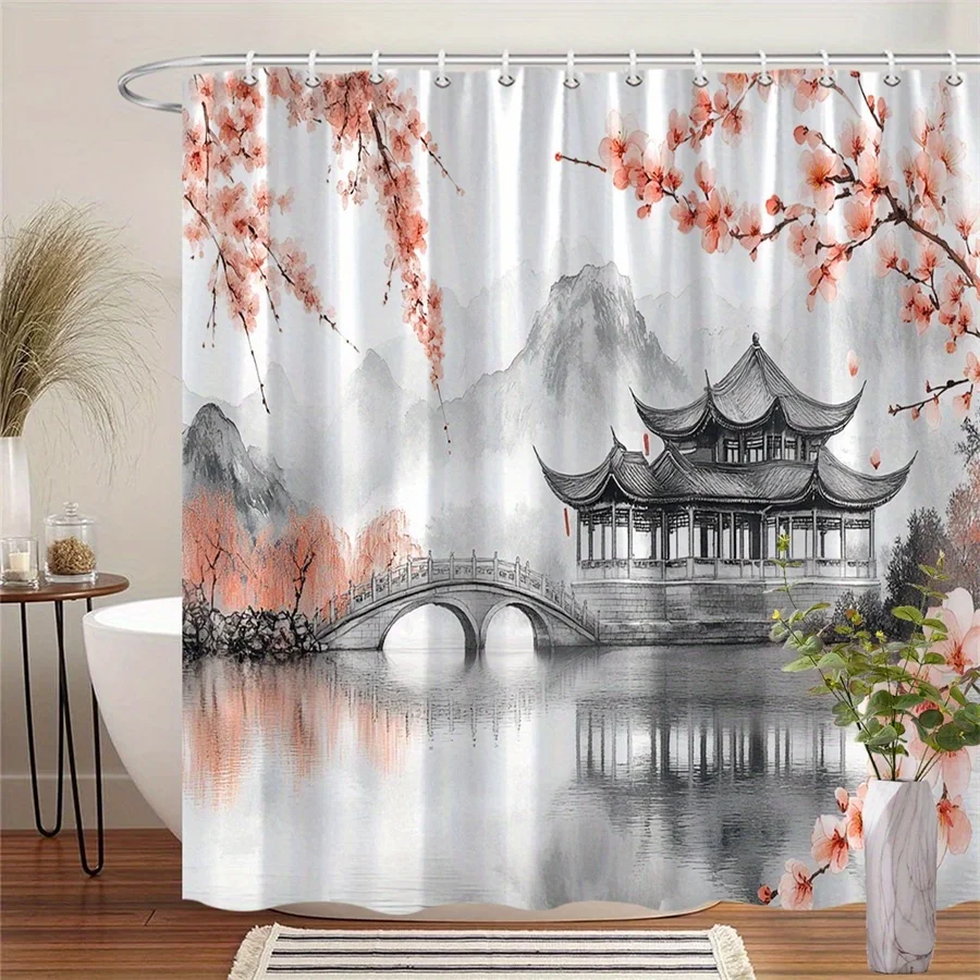 1 шт., китайская садовая занавеска для душа Serene с павильонами и вишней — дизайн акварели Tranquil, туманные горы и камень B