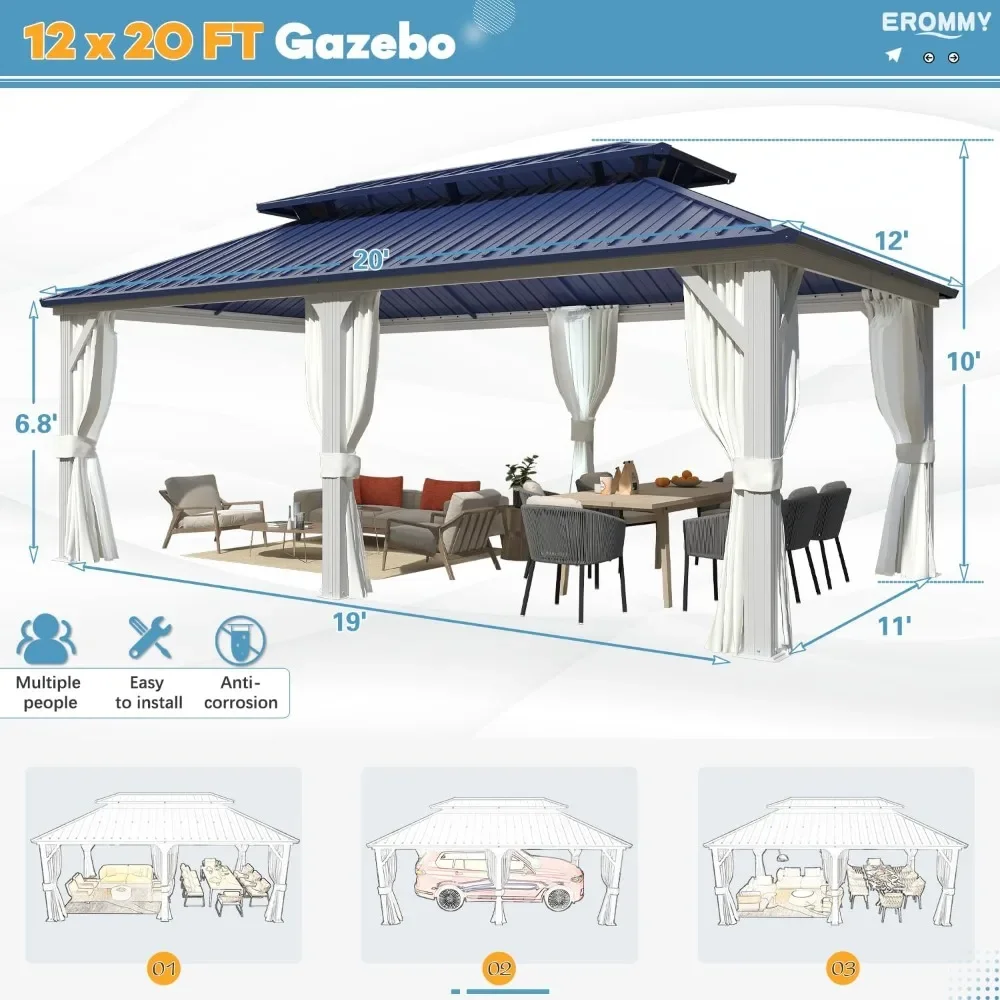 12'x20 'galvanized steel double top metal pavilion, aluminum frame, permanent outdoor pavilion, with curtains and mesh