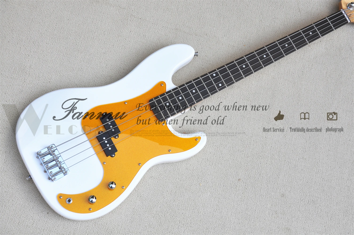 Classic white bass, solid wood body, maple neck, fixed bridge, gold powder pickup board, 4-string electric bass, customizable