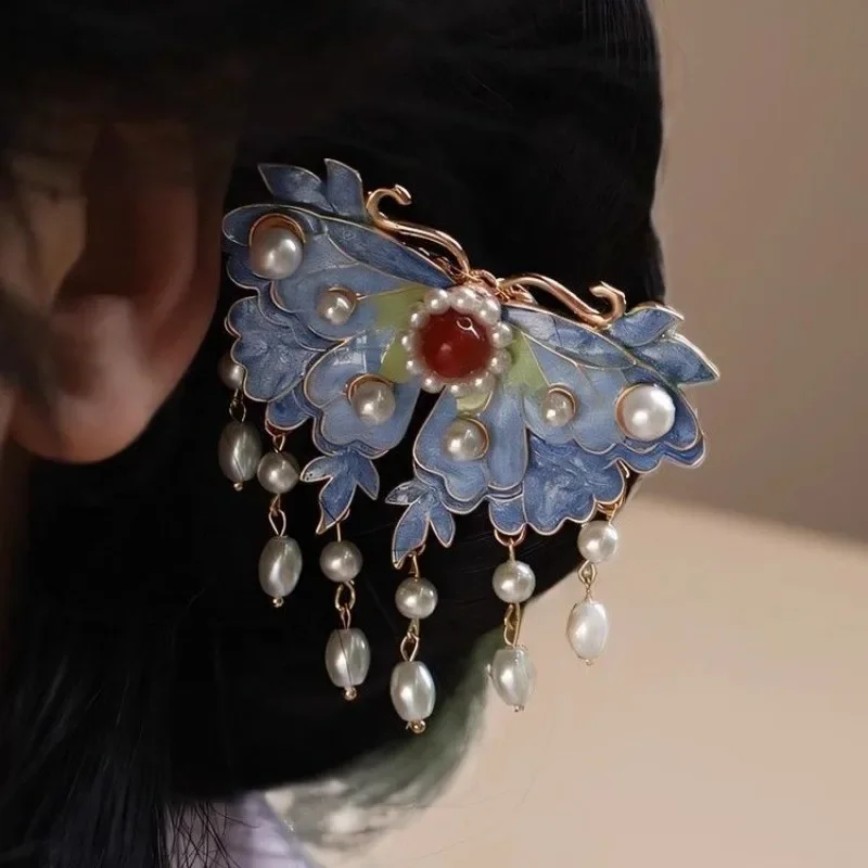 

3 Styles Song Dynasty Imitation Burnt Blue Butterfly Edge Hairpins Women Vintage Headwear Hanfu Qipao Horse Skirt Accessories