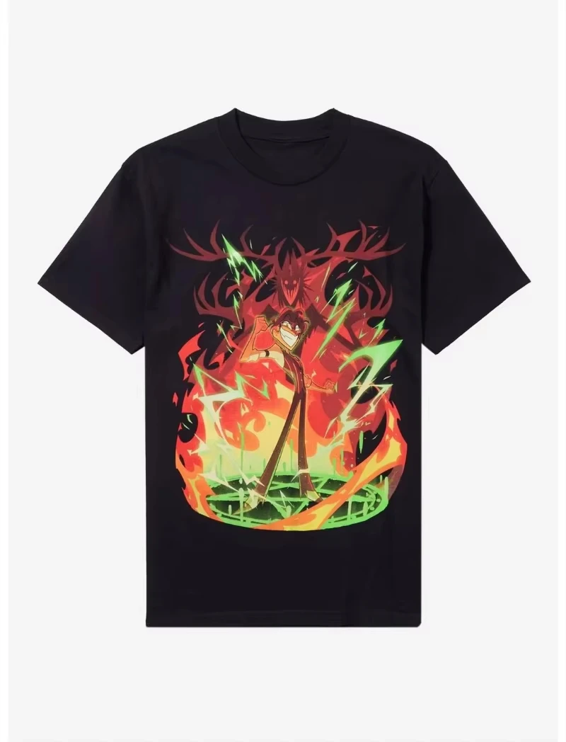2026 Black Crew Neck T‑shirt Cyber Demon Style Cartoon Character Lightning Graphic Front‑Print Unisex Cotton Short Sleeve Tee