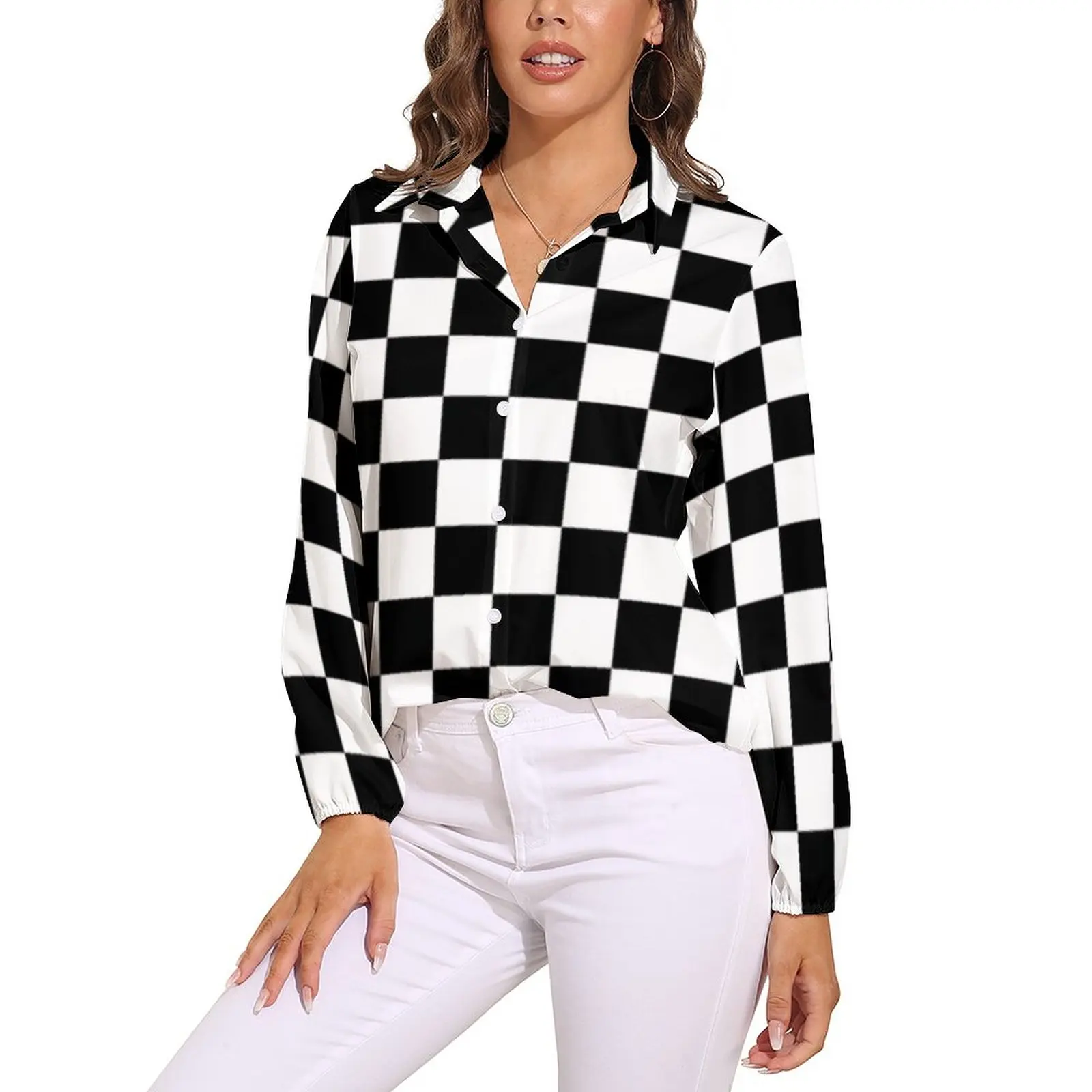 Black Checkerboard Blouse Classic Black and White Checker Office Print Blouses Women Autumn Oversize Long Sleeve Casual Shirts