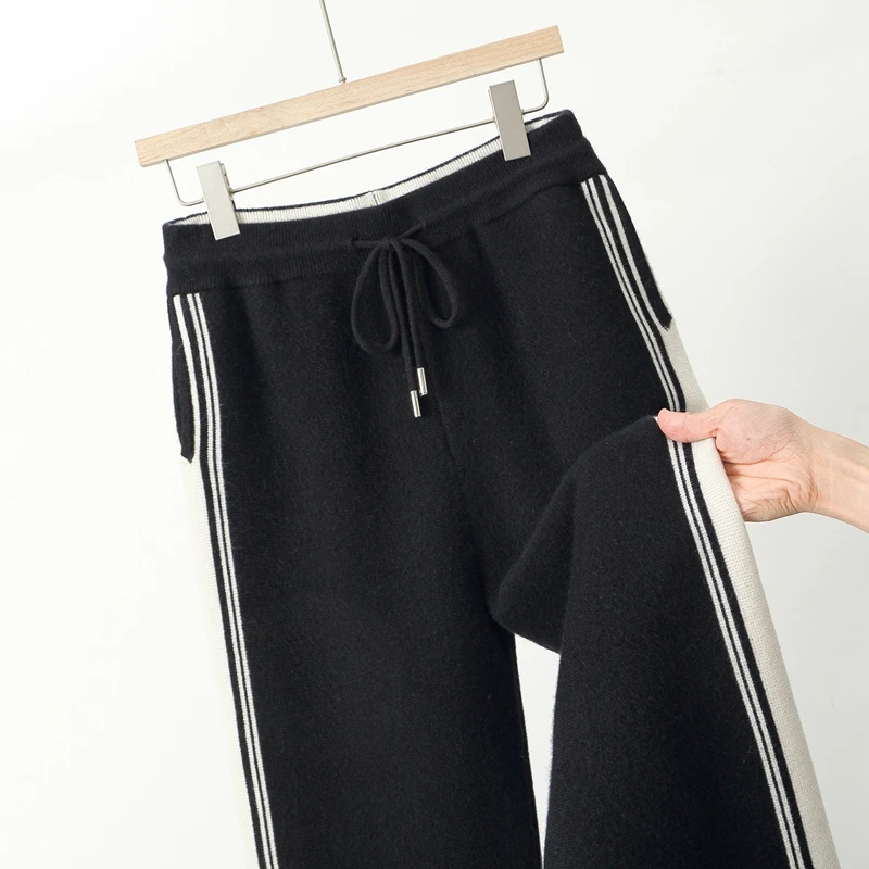 اختيار جودة عالية الرجال الصوف الخالص السراويل الخريف الشتاء سميكة 100% الصوف محبوك سروال شكل قلم رصاص لينة الأساسية مرونة الخصر بنطلون