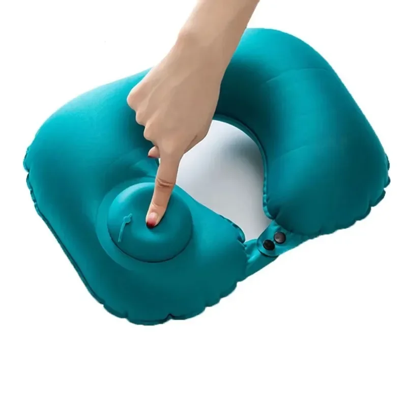 Inflatable U-Shape Neck Pillow - Hands-Free Push Pump for Travel/Car/Camping, Portable Blow Air Support