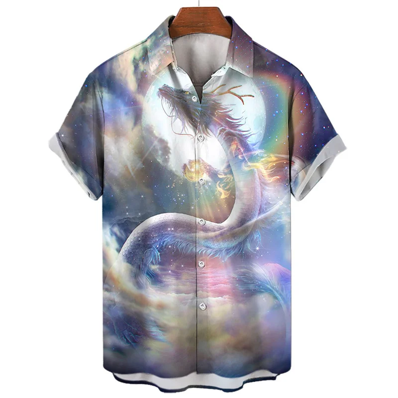Galaxy Chinese Dragon Print Men Short Sleeve Shirt, Moon Cloud Fantasy Pattern Cuban Collar Summer Casual Beach Tops