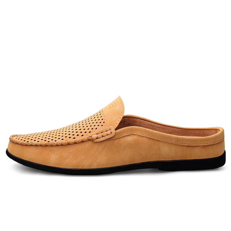 Summer Slip On Half Shoes For Men Leather Slippers Casual Mules Breathable Comfy Loafers Moccasins Yellow Black Beige