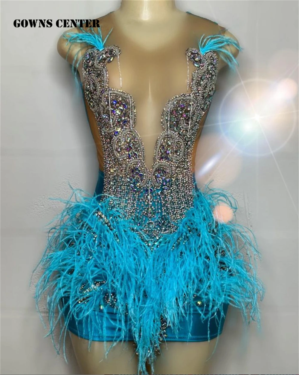 Vestidos De graduación De plumas azules brillantes para niña, trajes De cumpleaños con borlas, vestido Formal con cuentas De cristal, traje De película