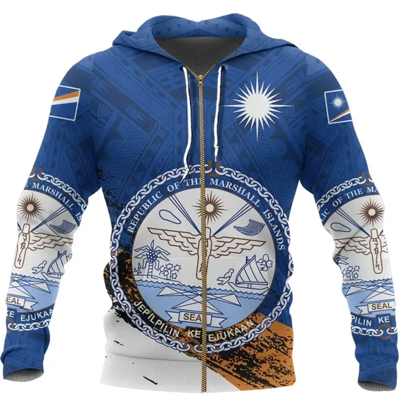 3D Printed Marshall Islands Flag Zip Up Hoodies The RepublicOf Marshall Islands Coat Of Arms Graphic Zipper Sweatshirts Pullover