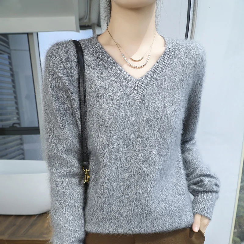 Mink Cashmere Sweater, Sweater for Women, Knit Pullover long sleeve, Pretty Colored Yarn, Autumn and Winter Loose V-Neck Top