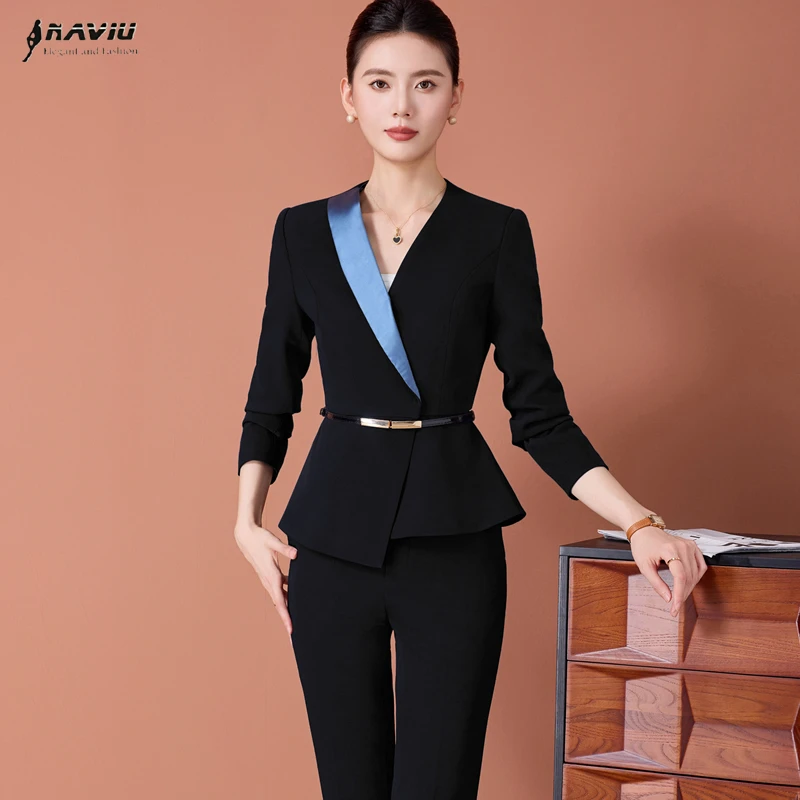

NAVIU женский офисный костюм 2025 с v-образным вырезом в стиле пэчворк, тонкий пиджак и брюки с длинными рукавами, комплект официальной рабочей одежды для женщин с поясом