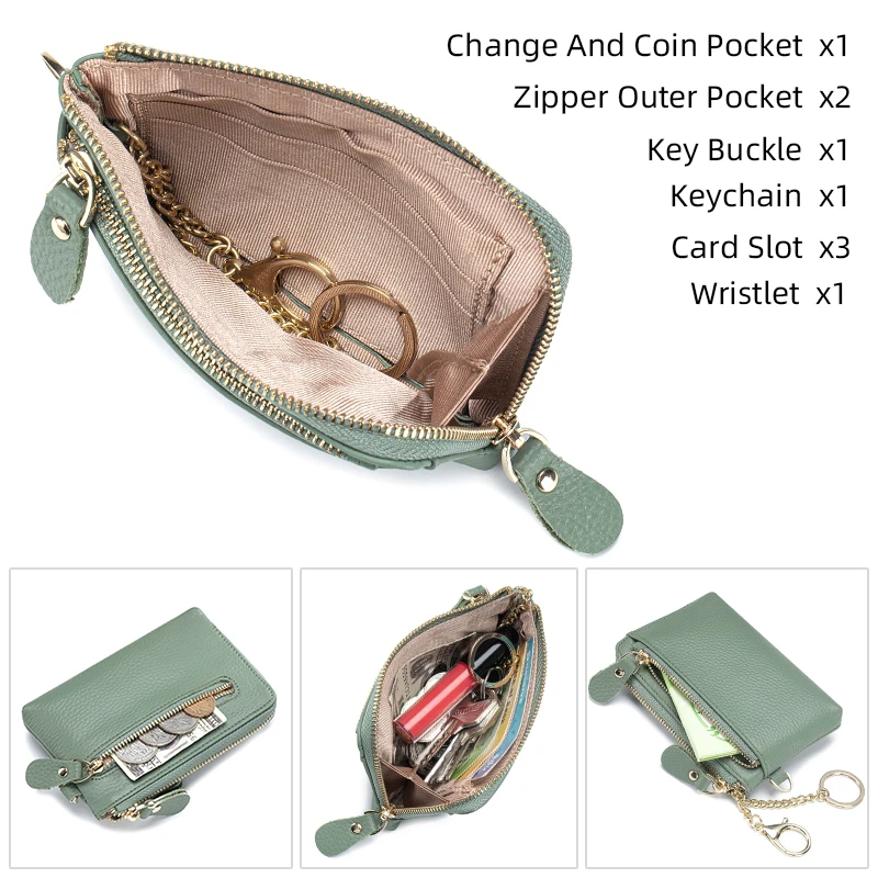 Genuine Leather Women Coin Zipper Pocket Mini RFID Blocking Wallet with cash Card Slots Zipper Around Wristlet Keychain