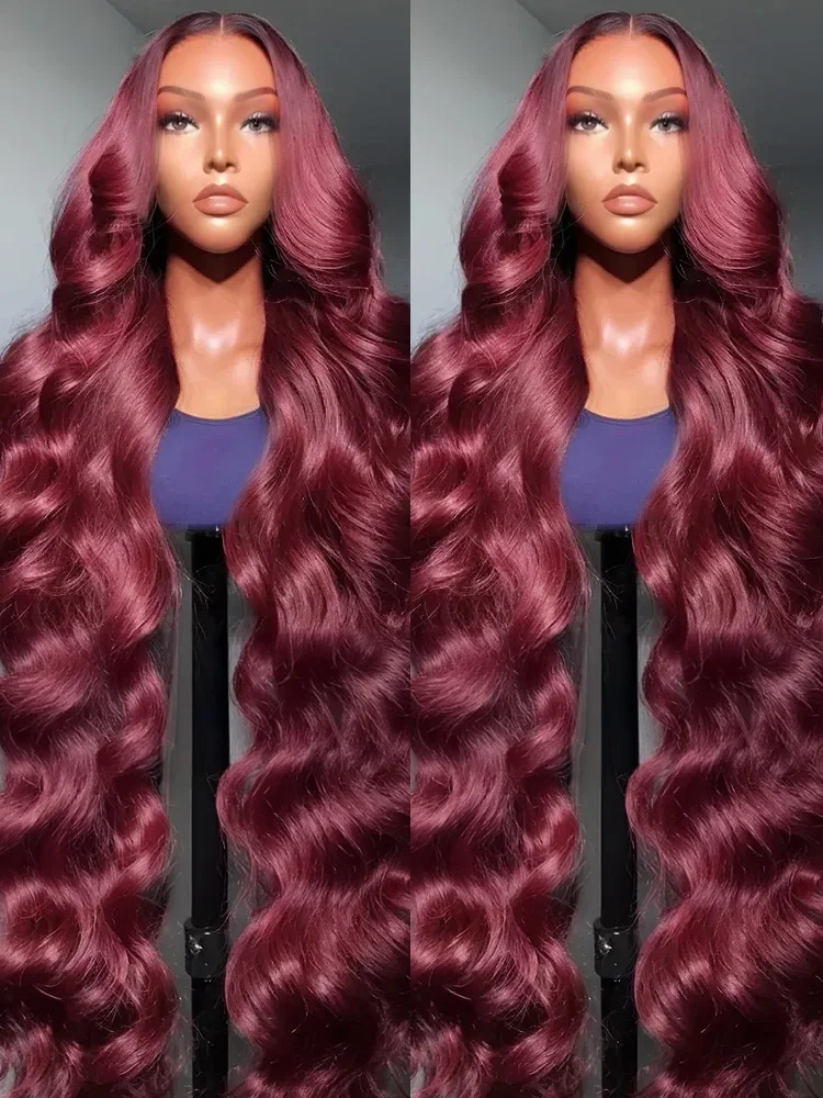 Perruque Lace Front Wig Body Wave brésilienne naturelle-99j, cheveux humains, bordeaux, 13x6 HD, 30 36 pouces, densité 220