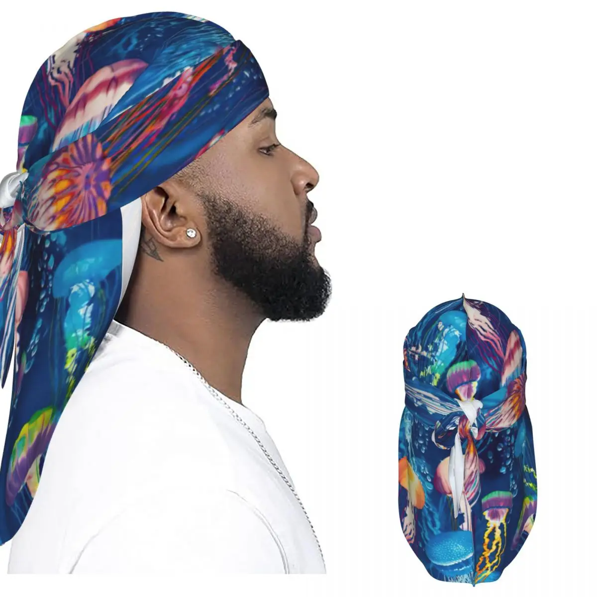Satin Long Tail Hair Scarf Colorful Jellyfish Bandana Turban Soft Head Wrap Hair Protection Durag