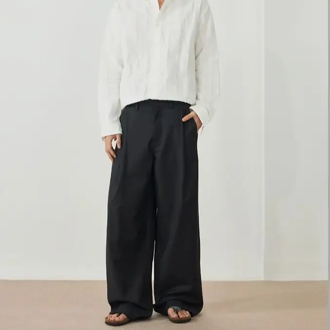 Calças pretas resistentes a rugas para homens e mulheres relaxadas pernas largas versáteis calças casuais de perna reta com bolsos macios