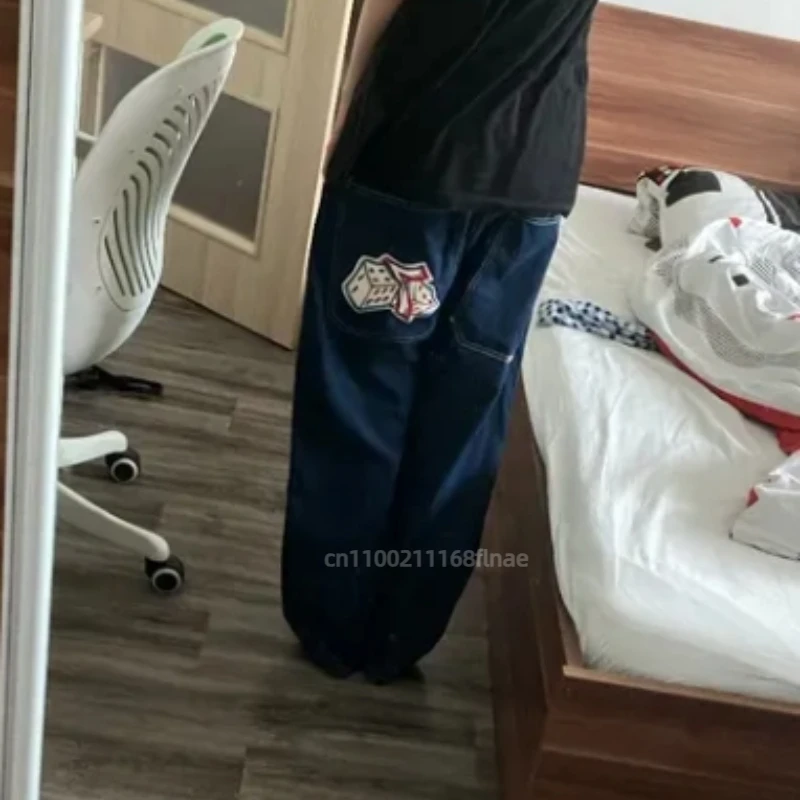 미국 스트리트 진즈 스트리트 댄스 힙합 스타일 레터 레트로 블루 루즈 하이웨이스트 와이드 레그 팬츠 커플 스트리트웨어