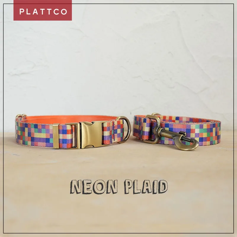 

PLATTCO unique design dog set print NEON PLAID with high-quality bronze buckle size 5 PDC308Br&PDL308Br
