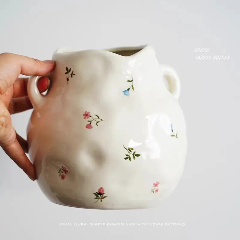 Fashionable Small Floral Hand-pinched Texture Ceramic Irregular Double Ears Flower Vase Flower Arrangement