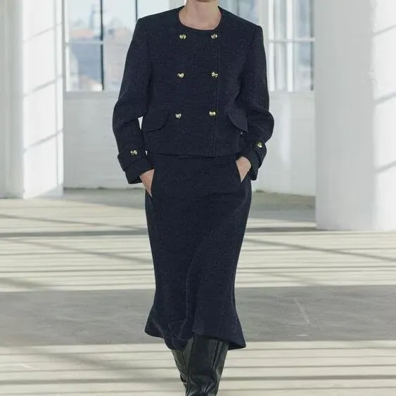 Autumn Winter New Arrival Women's Fashion Set with Coat And Cowl Neck Dress Button Decorated Mixed Fabric Warm Thick Long Sleeve