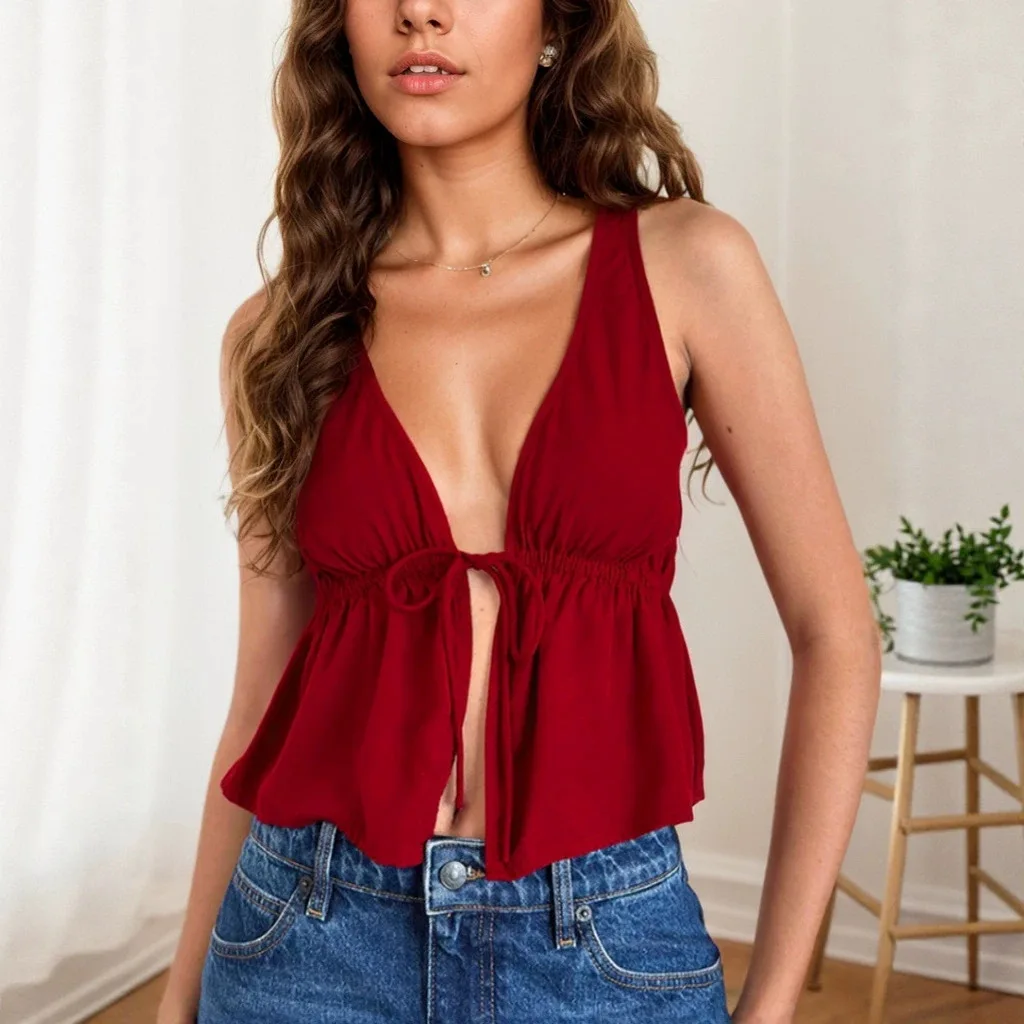 Women Red V Neck Tie Front Crop Top Summer Backless Slim Fit Vest