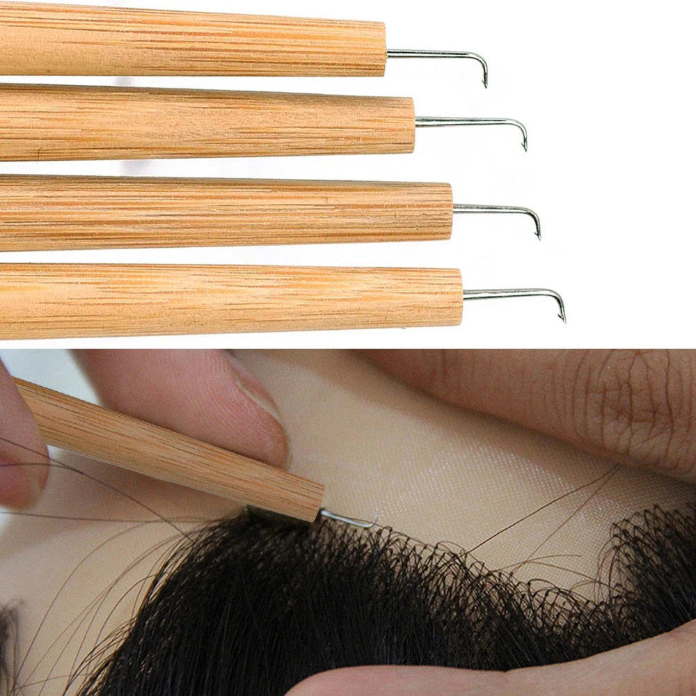 

4Pcs Hooking Hair Ventilating Needle With Wood Handle Lace Wig False Beard Making Repairing Weaving Hair Wig Tools