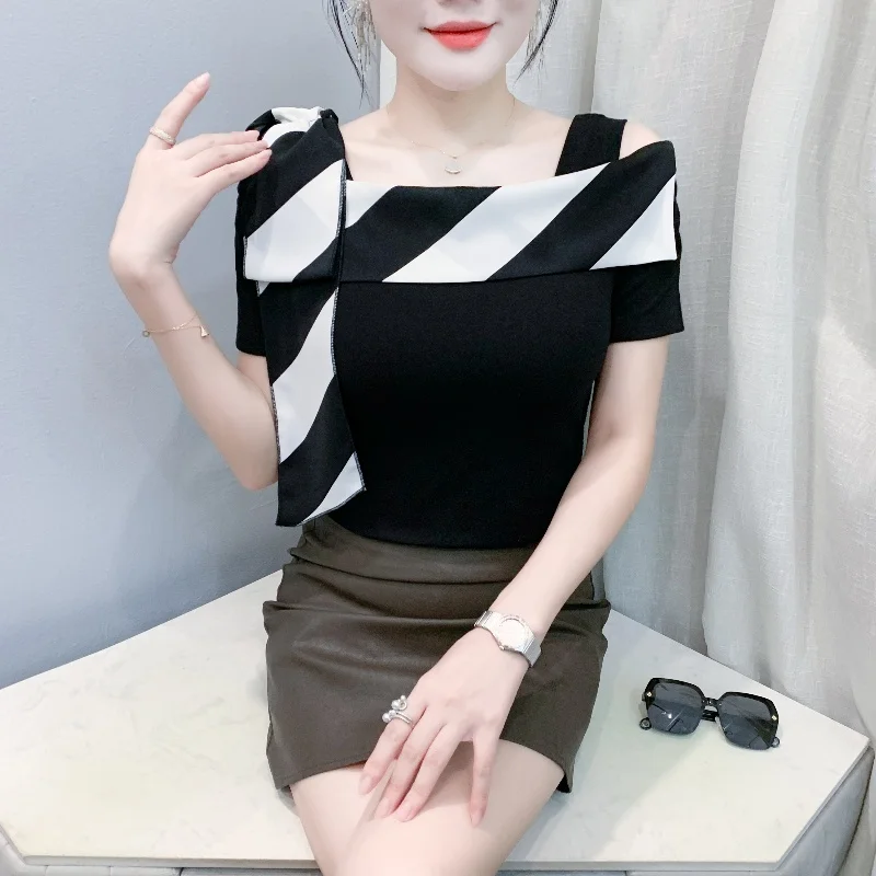 

Summer European Clothing Women's T-shirt Elegant Square Neck Patchwork Off Shoulder Short Sleeve Tees Female Top Blouse