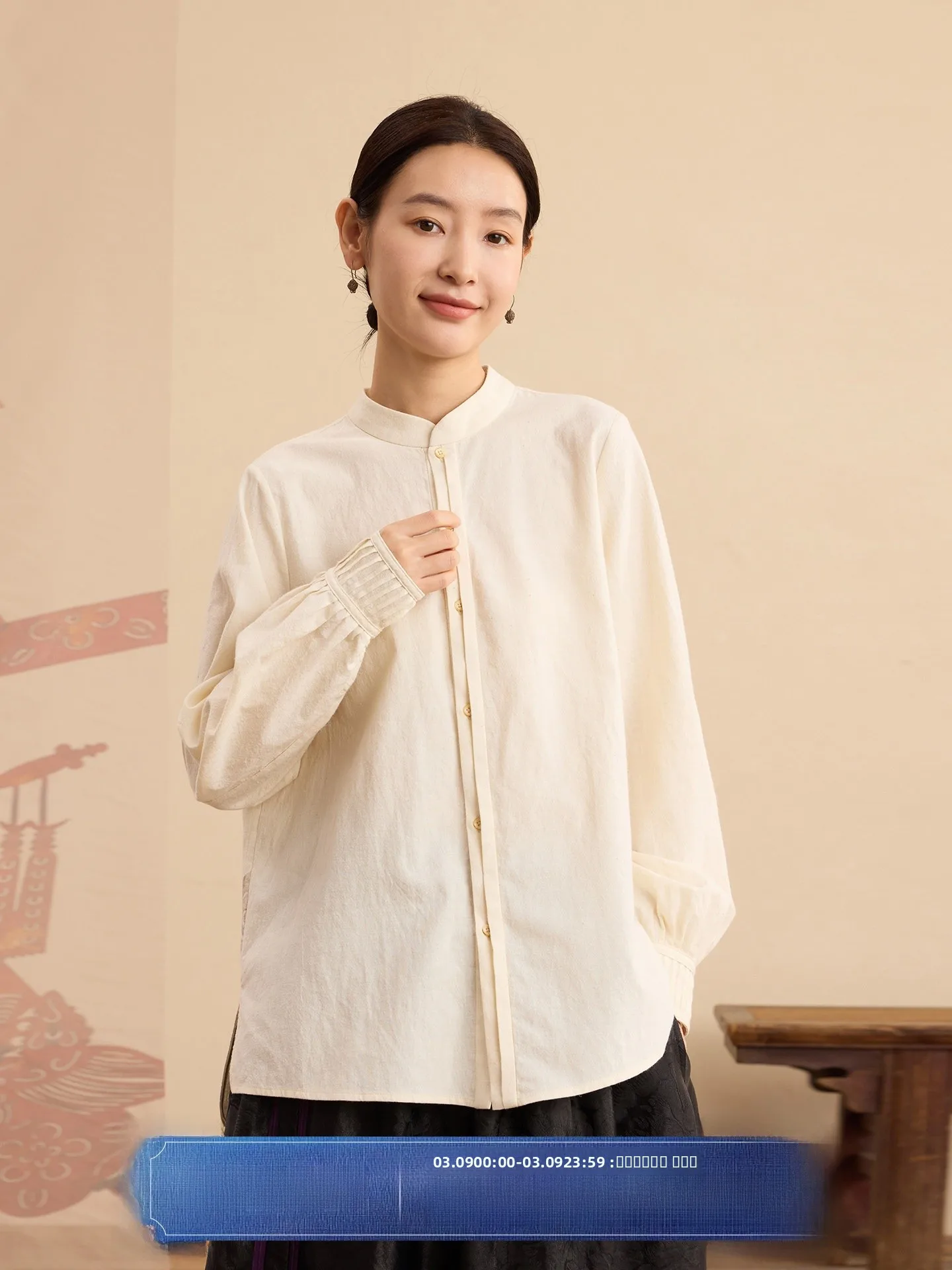 

Eco-Friendly Organic Cotton Linen Printed irt Artistic Sle Loose Fit Small Stand Collar oulder-Length Sve Women's Fa...