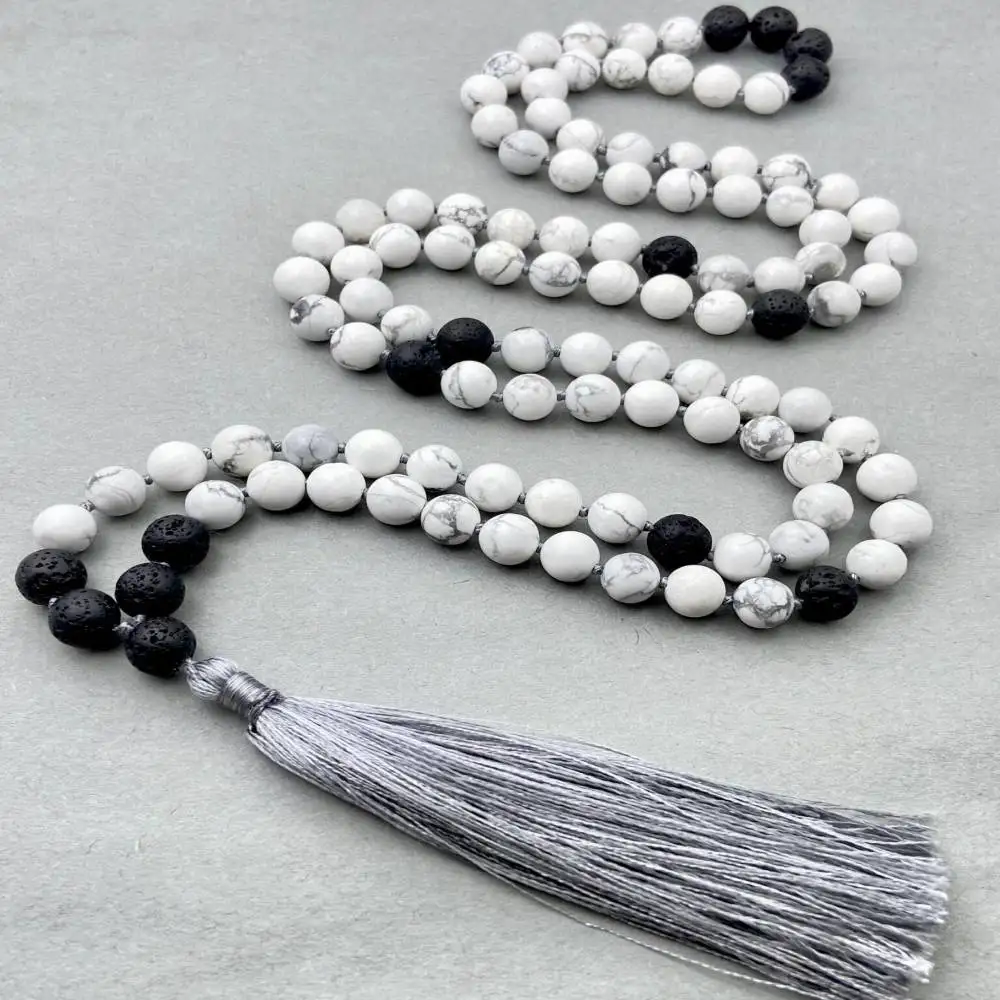 

Natural Howlite & Lava Rock 108 Mala Beads Necklace with Gray Tassel Calm & Grounding Healing Crystal Jewelry