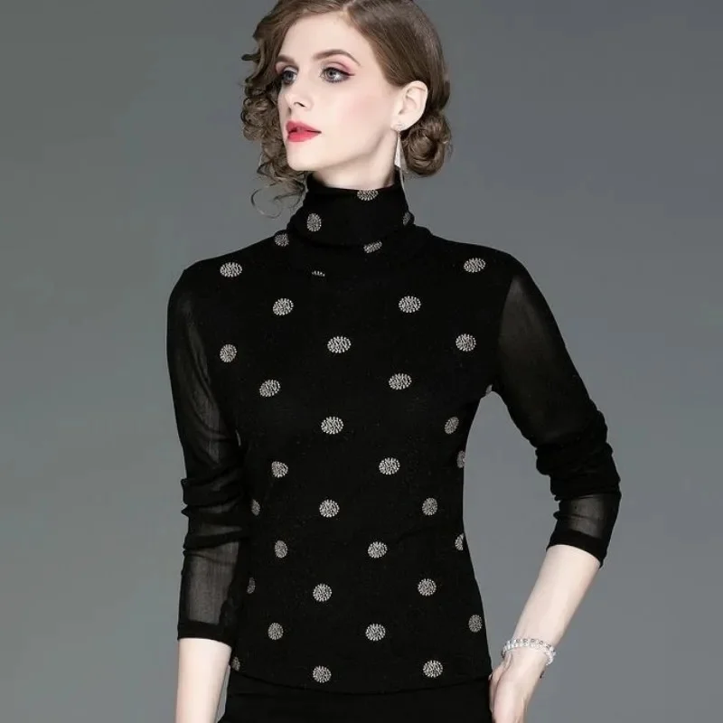 Women Spring Autumn Style Mesh Blouses Shirts Lady Slim Long Sleeve Turtleneck Polka Dot Sequins Blusas Tops