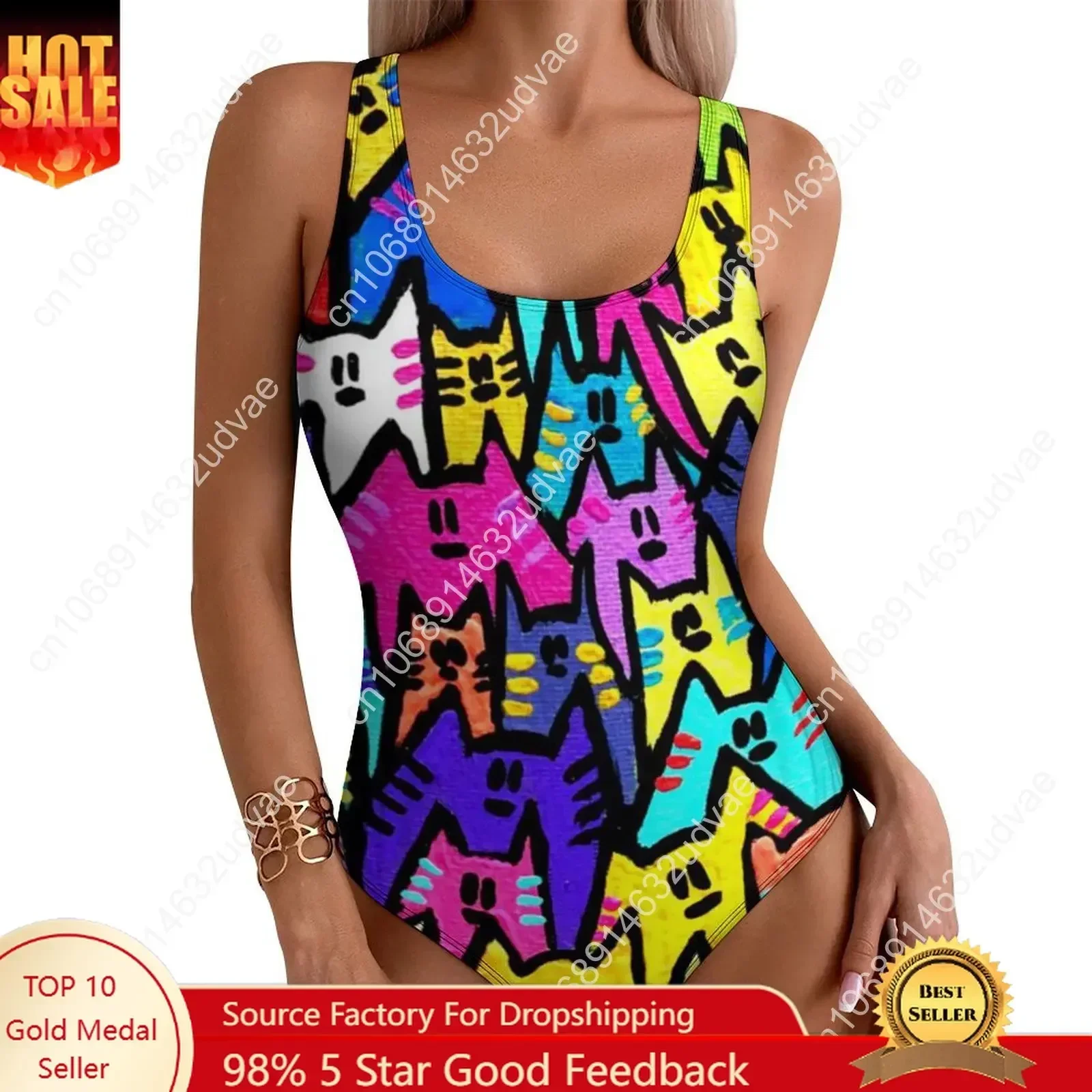 Funny Cat Swimsuit Colorful Cats Pop Art Swimwear One-Piece Fitness Bodysuit Cut Out Bathing Suits Ladies Push Up Sexy Beachwear