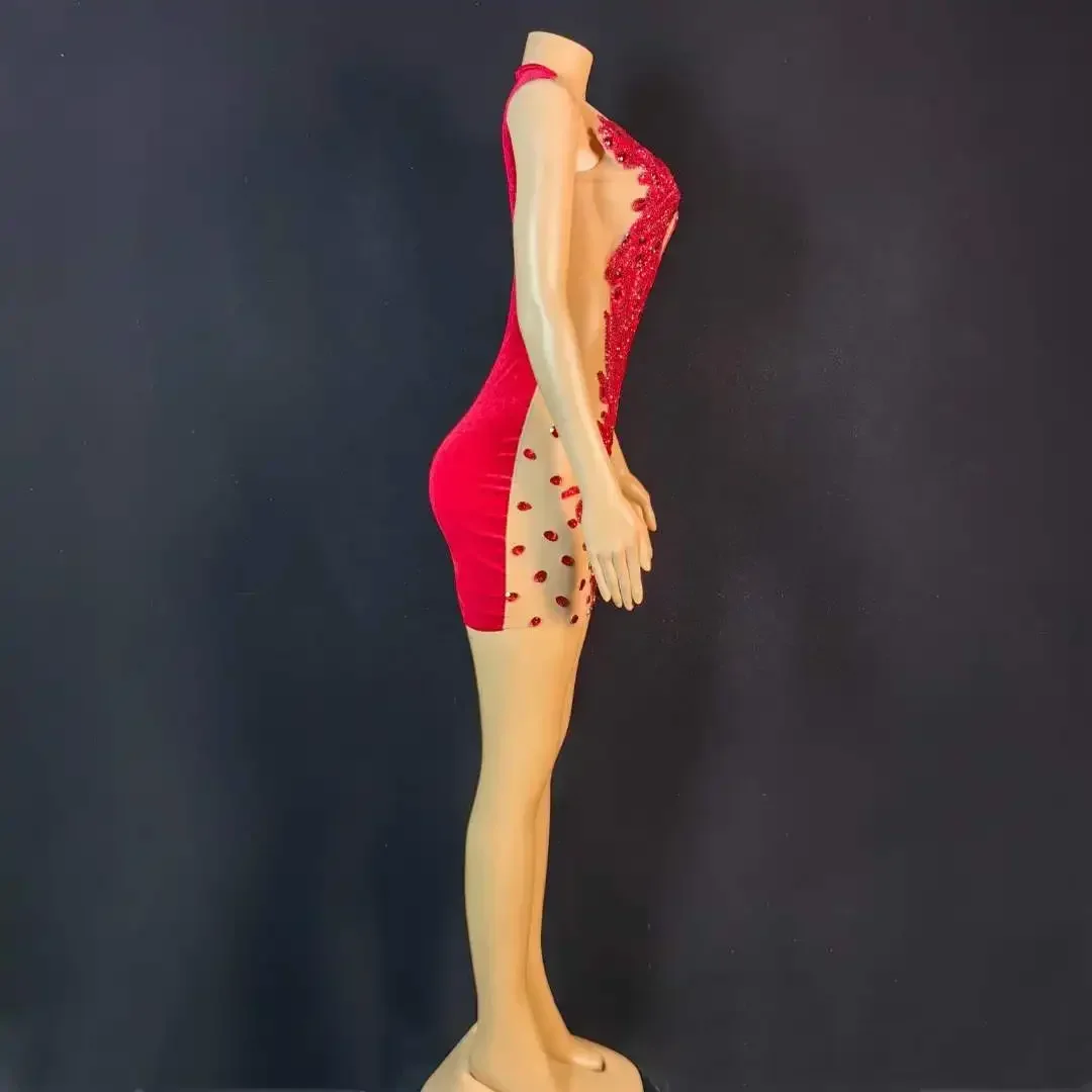 Sukienka z siateczki, zdobiona czerwonymi kryształkami, dla kobiet, na urodziny, dla showgirl, piosenkarki, na imprezę, bez rękawów, aksamitna, kostium sceniczny, DS, drag queen.