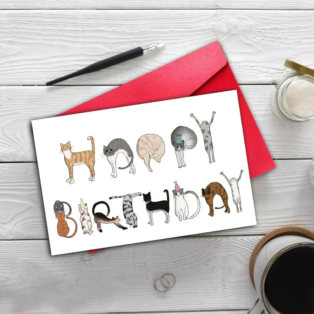 Cat Alphabet Birthday Greeting Card | Whimsical Cat Illustration Birthday Card with Red Envelope | Ideal for Cat Lovers