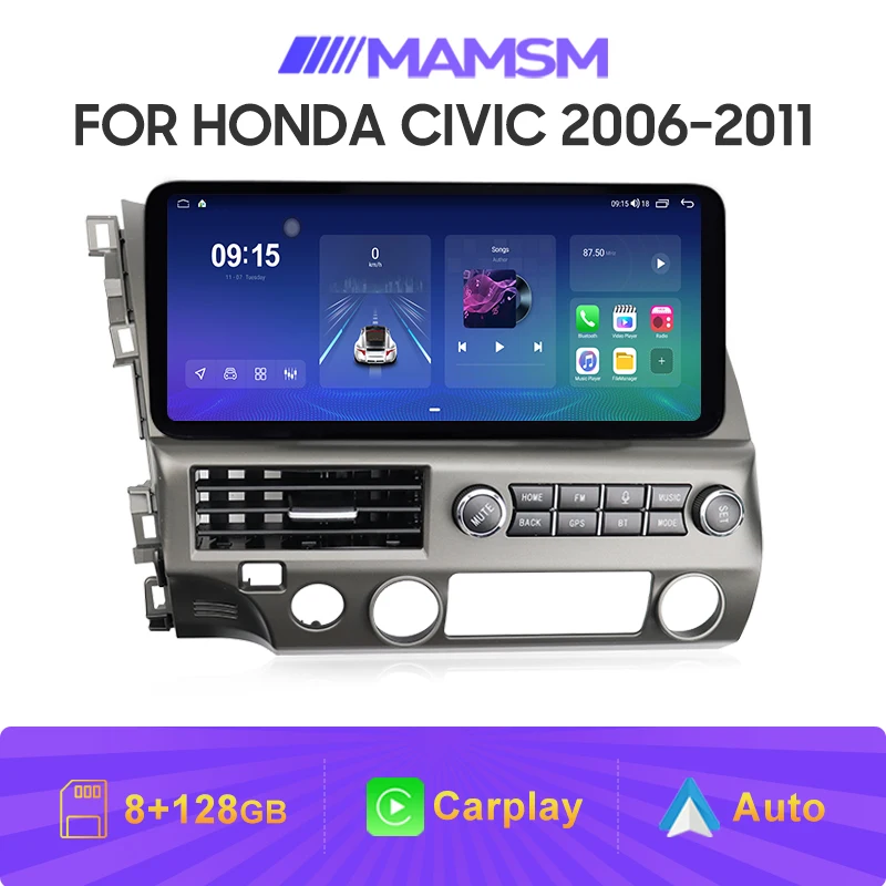 MAMSM 12.3 inch Touch Screen Car Radio For Honda Civic 2006-2011 LHD RHD Android Auto Carplay Multimedia Player WiFi+4G DSP GPS