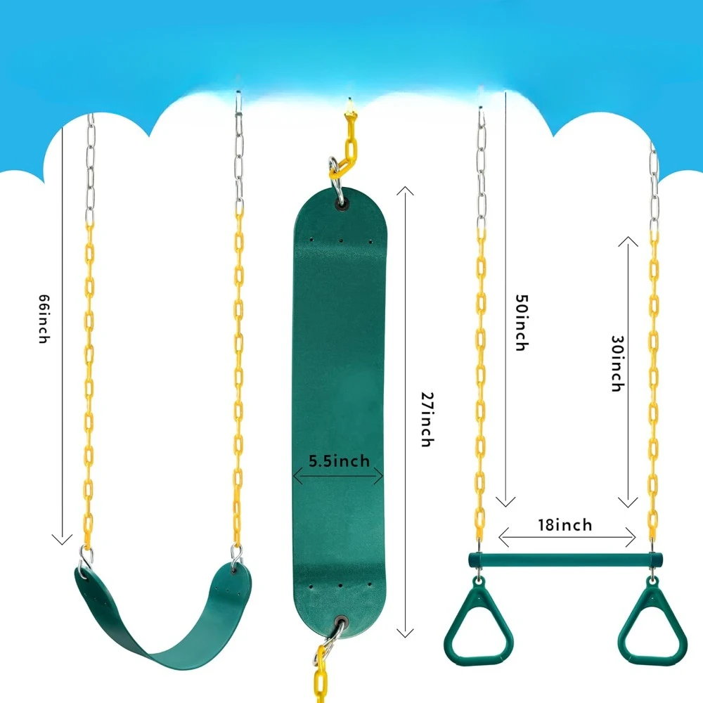 3 Pack Assorted Swing Set, Including 1 Gym Rings Trapeze Bar and 2 Pcs Swings with Plastic Coated Chain