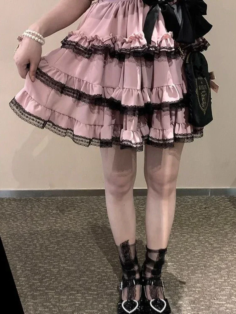 Saia gótica lolita rosa para mulheres, saia y2k, renda preta, saia kawaii doce japonesa, estilo retro coreano feminino, minissaia de festa, outono