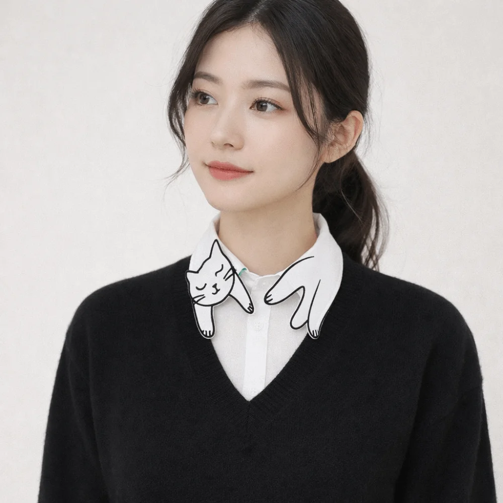 

Fashion Cartoon Cat Fake Collar Slim Cotton Base Layer Top White Short Sleeve Detachable False Collar Women