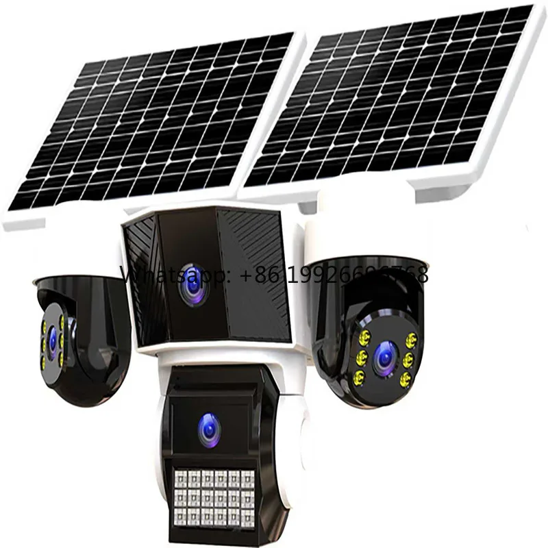 3-Lens Outdoor Security Camera with CMOS Sensor Solar 4G SIM IP66 Waterproof SD Card Storage Floodlight