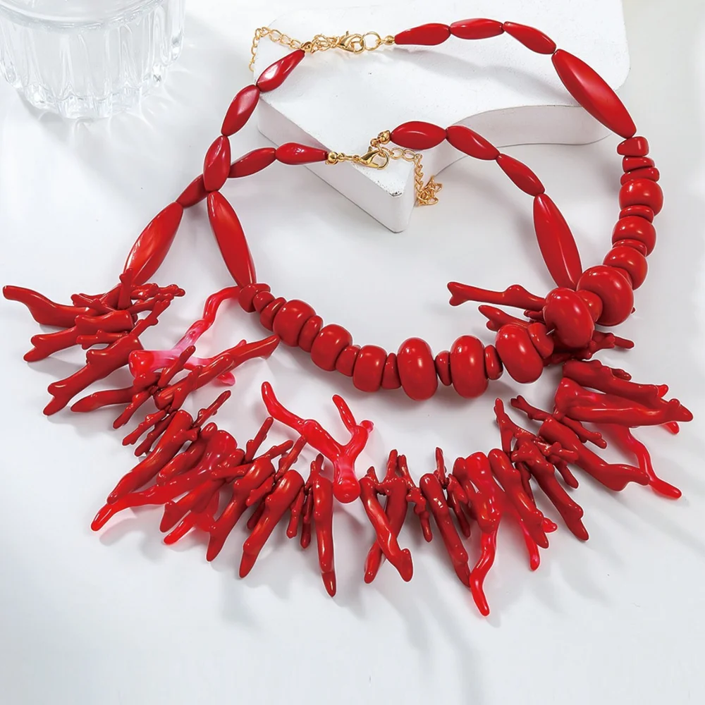 Bold Red Faux Coral Choker Necklace for Women Statement Bohemian Collar Necklace Chunky Beach Party Jewelry Wife Gift 2026 New view 3