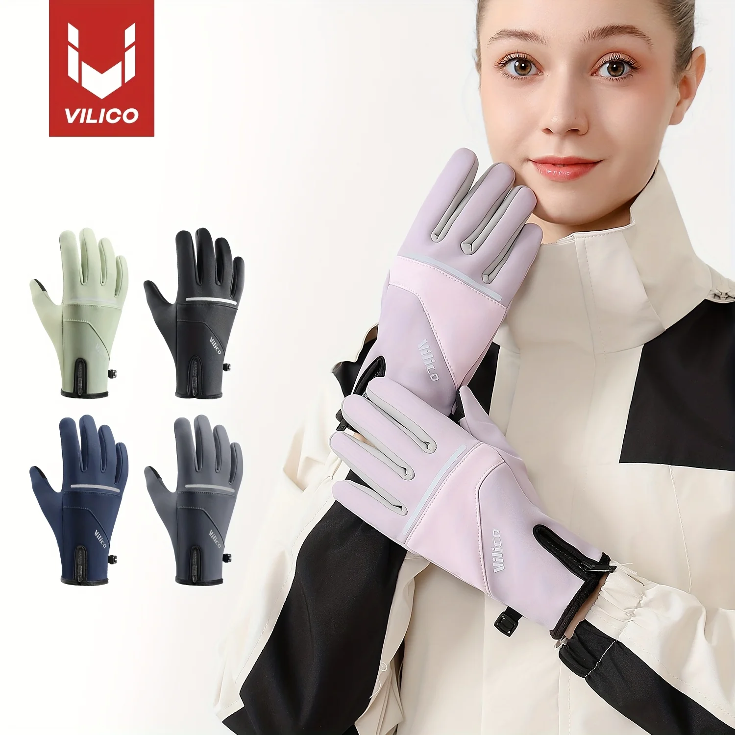 Women Touch Screen Gloves Windproof Water‑Resistant Zipper Full Finger Gloves Warm Outdoor Cycling Driving Running Gloves